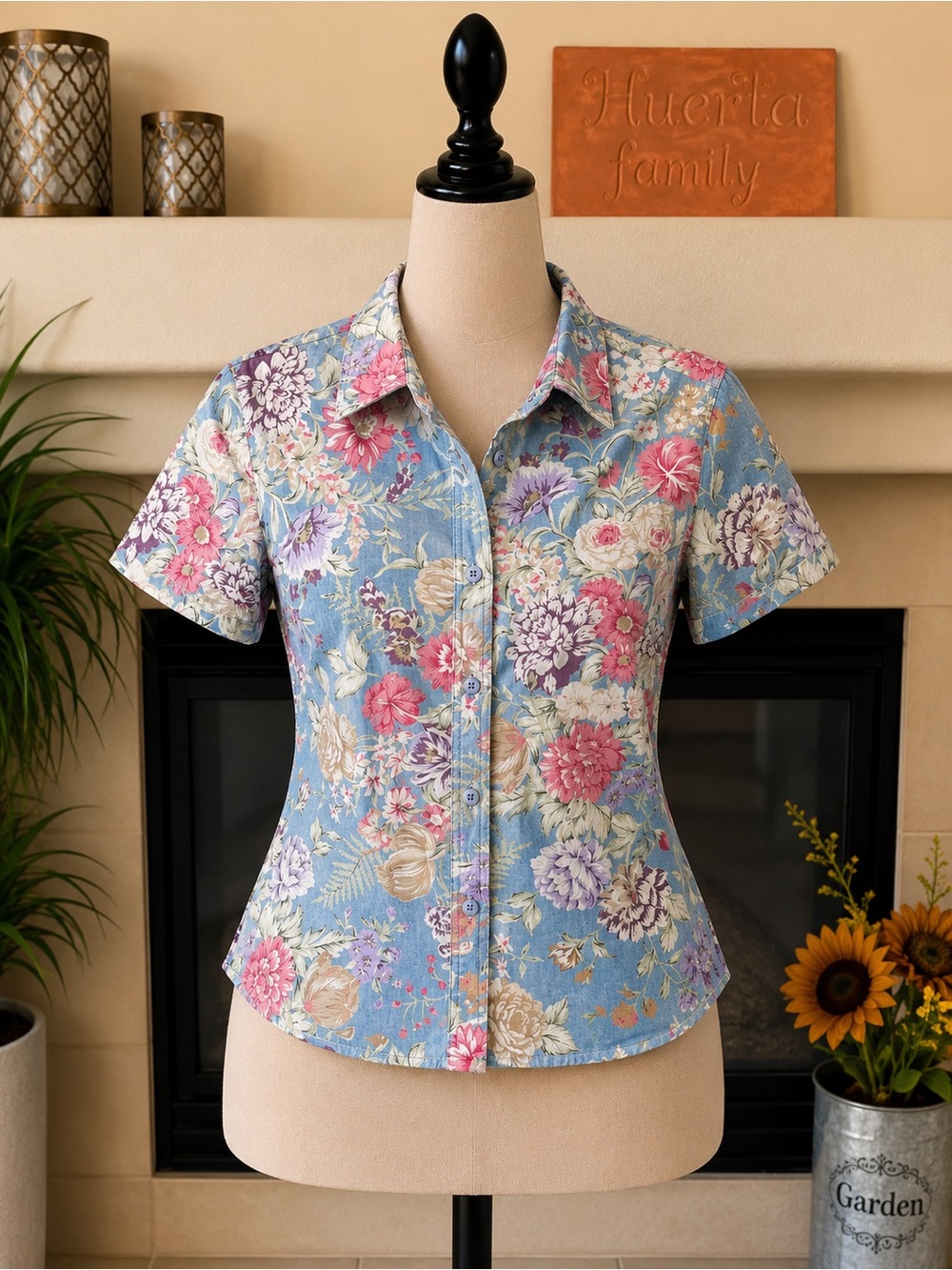 Lemon Grass Petite Floral Button Front Blouse Petite Small Cottagecore 100% Cott